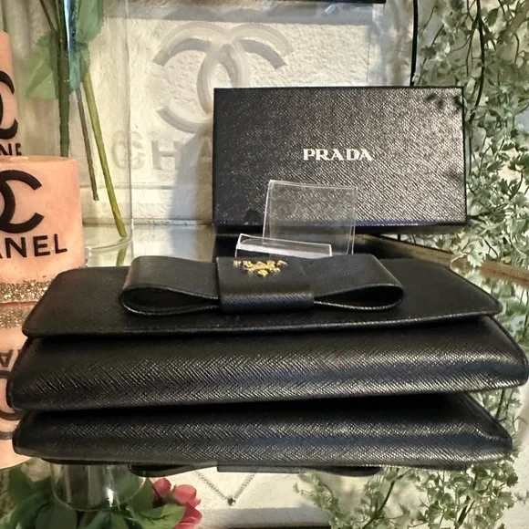Prada ribbon long saffiano black continental bow wallet with Prada box - Picture 16 of 16